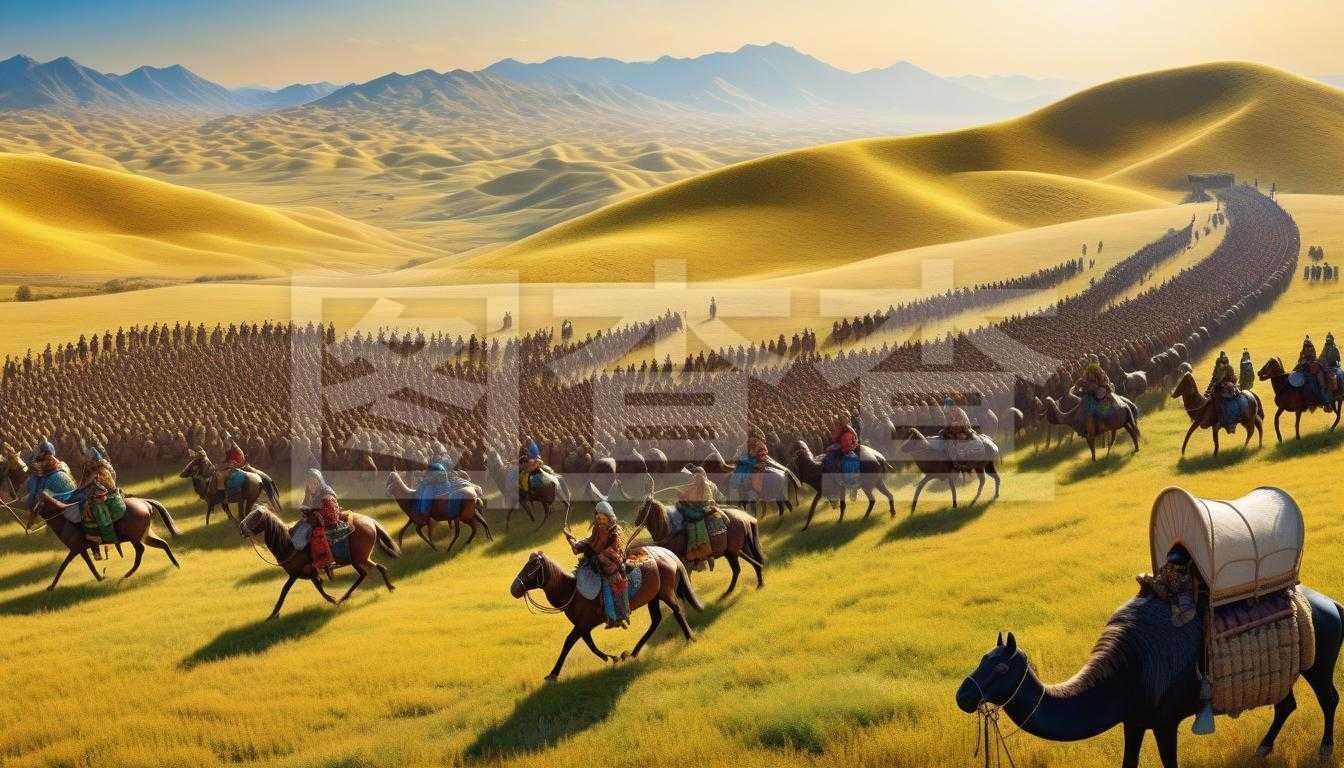 俯视青铜时代游牧民族西徐亚部落穿越丝绸之路的理查德·科本风格插画,细节丰富